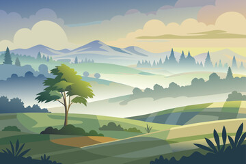 Early Morning Countryside with Fog Layer and Tree Silhouettes