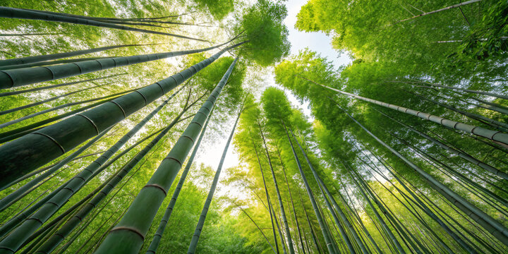 Bamboo Forest Looking Up, Tall Bamboo Stalks towards Sky, Worm's Eye View - Powered by Adobe
