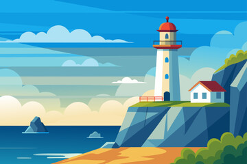 Flat Vector of a Lighthouse Near an Ocean Cliff