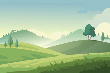 Obraz premium Flat Vector of Morning Mist Over a Grassy Hill