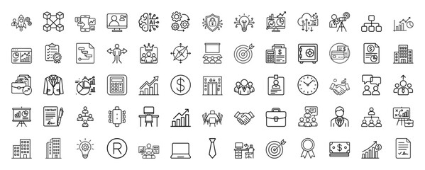 Corporate business icons set in a minimalist line art style, in black and white, representing finance, strategy, and teamwork for web and presentation design