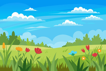 Obraz premium Flat Vector of an Open Grassy Field with Wildflowers
