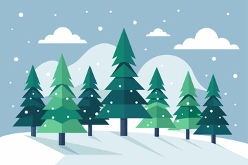Fototapeta premium Flat Vector of Snowy Pine Trees with Falling Snowflakes