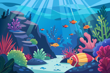 Flat Vector of an Underwater Coral Reef with Tropical Fish