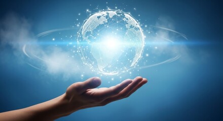 A hand presents a glowing digital globe, representing global technology and innovation