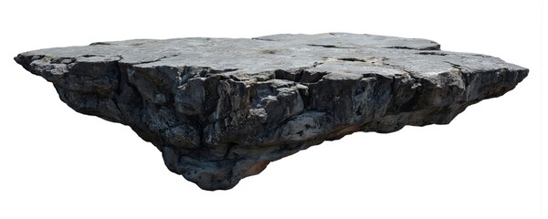 Grey rock formation with jagged edges isolated against white background. Rocky cliff with rough mineral texture creates floating island effect. Large stone with uneven surface. Grey, dark, white