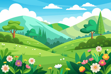 Fototapeta premium Spring Green Landscape with Flower Patches and Hills