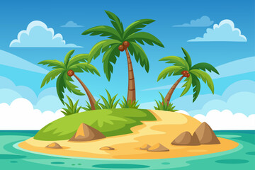 Fototapeta premium Tropical Island Plain with Palm Trees and Light Sand
