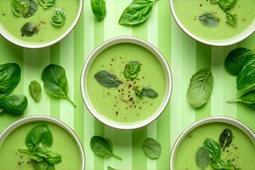 Warm soup, flat lay, all in green colors, all in striped green background.