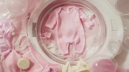 The pink and white outfit of the child is inside the washing machine. Washing children's clothing, washing for children's clothing.