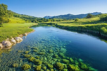 A tranquil river flows through green pastures, showcasing clear water and scenic mountainous landscapes under a blue sky.
