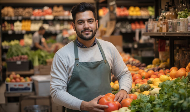 Young confident male grocer stands proudly in market, dressed in green apron and white shirt. He holds ripe red tomato in left hand. Various colorful fruits and veggies in background.