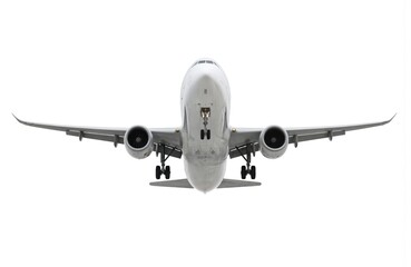 Airplane in flight with four engines, four wings, landing gear down. White plane on beige background. Commercial aircraft in mid-air, nose pointing right. Aviation industry, air travel, transport,