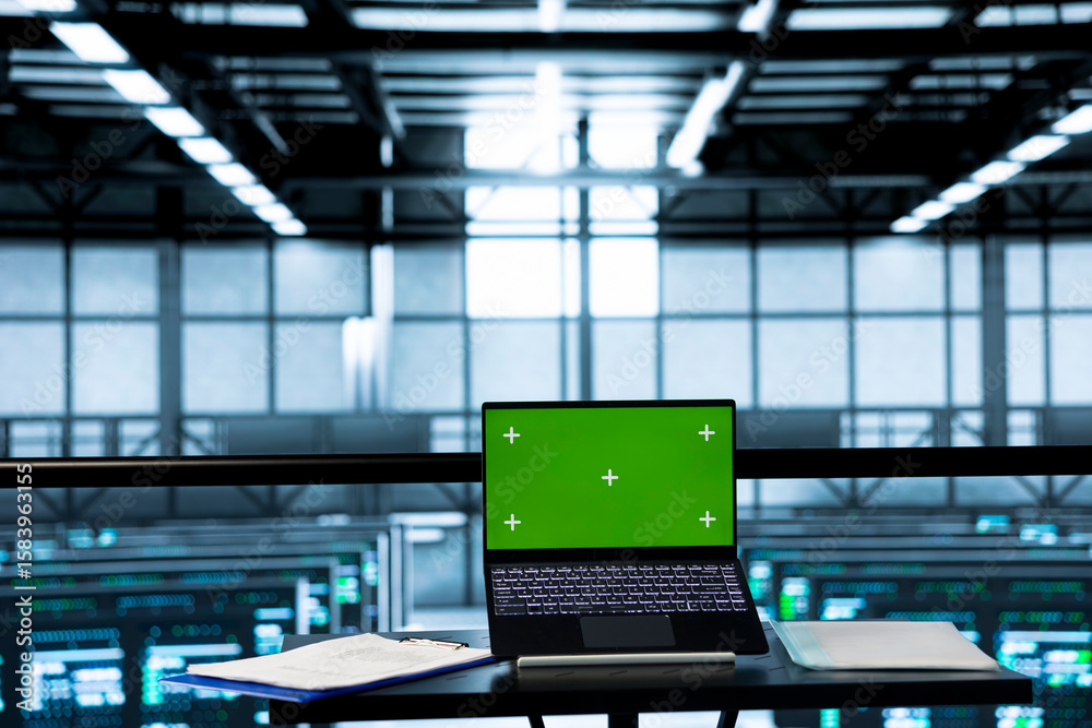 Poster green screen mockup laptop in empty data center used to run security patches. isolated screen chroma