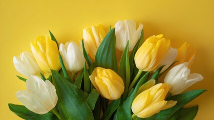 Obraz premium The vibrant bouquet of yellow and white tulips against a bright backdrop.