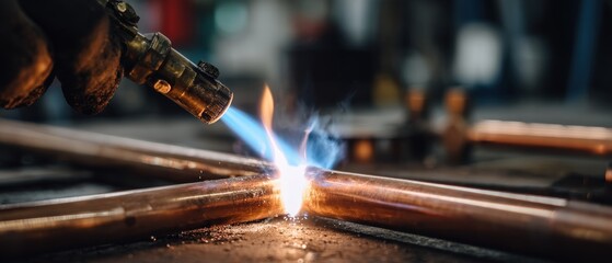 Closeup of gloved worker soldering copper pipes with blow torch in workshop Concept of plumbing, heating, and industrial craftsmanship