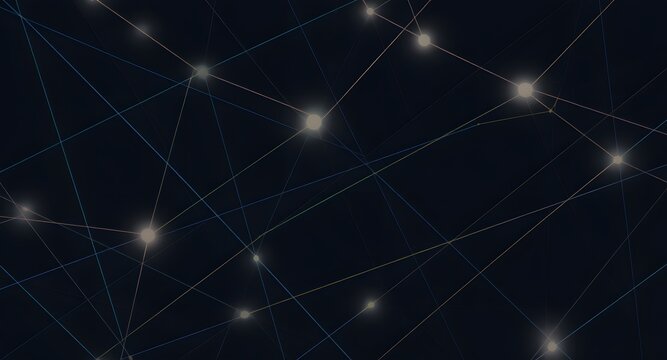 Abstract network of glowing dots and lines against a dark background. Featuring interconnected data streams and points of light creating a digital and futuristic feel.