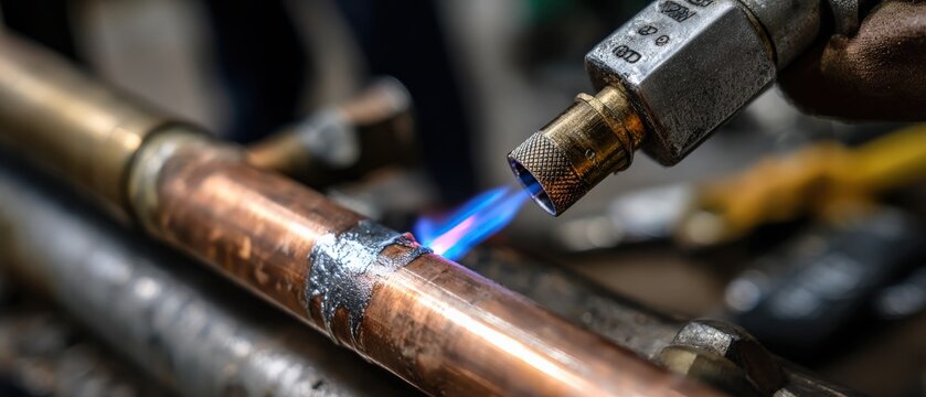 Closeup of adult male plumber soldering copper pipe with blow torch indoors Concept of plumbing repair, heating, and professional craftsmanship