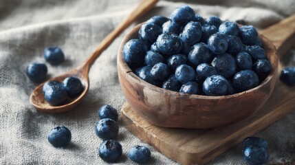 The vibrant blueberries arranged beautifully in a rustic wooden bowl.