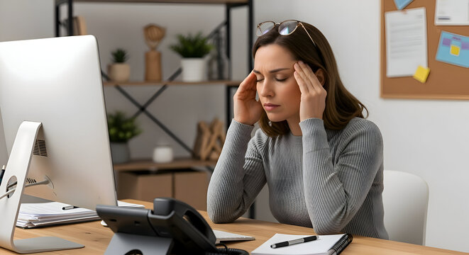 Woman with headache sitting at desk with computer phone and notepad in office environment with plants