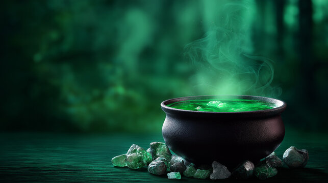 Glowing green potion bubbling in cast-iron cauldron with steam rising over polished river stones