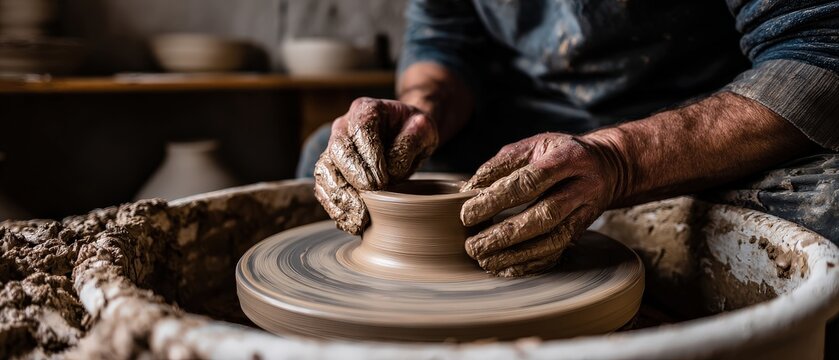 Senior man shaping clay on pottery wheel with experienced hands in workshop Concept of craftsmanship, art, and traditional pottery making
