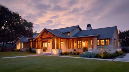 Fototapeta premium Luxurious custom home showcasing elegant architecture and professional landscaping at dusk