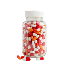 Clear Pill Bottle Filled with Red, White, and Orange Capsules