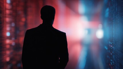 The silhouette of a man in a futuristic data corridor illuminated by colorful lights.