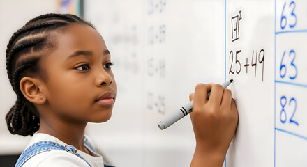 A young girl with braids solving math problems on a whiteboard with a marker in a classroom setting
