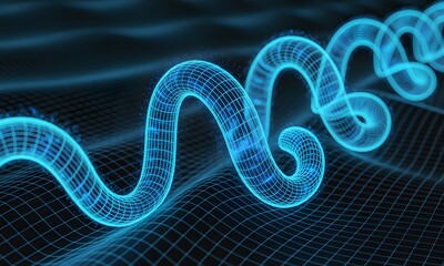 Abstract rendering of a glowing blue spiral [object] helix over a textured black mesh background symbolizing scientific or technological themes.