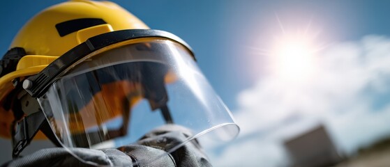 Construction worker wearing yellow hard hat and face shield outdoors on a sunny day Safety equipment for industrial work and protection against workplace hazards