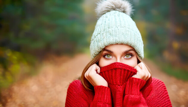 Frau mit M&uuml;tze und Pullover sch&uuml;tzt sich vor K&auml;lte im Herbst 