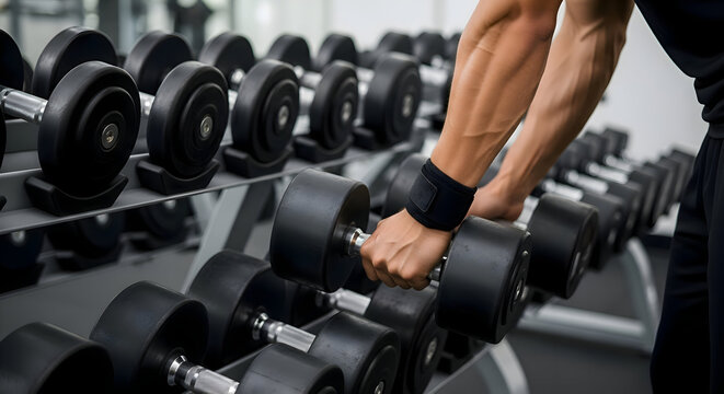 A man lifting a dumbbell from a rack filled with dumbbells in a gym with focus on his arm muscles