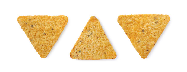 Tortilla chips or nachos mexican triangle corn snack isolated on white background top view