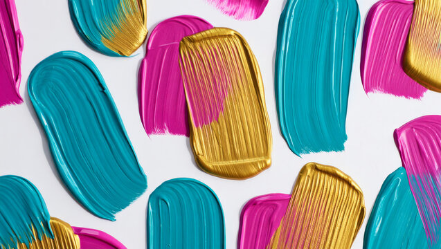 Close-up flat lay of vibrant turquoise, magenta, and shiny gold acrylic paint strokes in an abstract pattern on a clean white background
