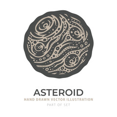 Vector illustration of asteroid in taupe and charcoal tones with bold engraving texture. Hand-drawn cosmic object for science visuals, posters, and educational use. Part of set.