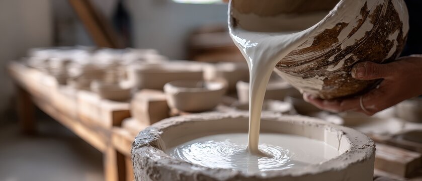 Artisan pouring liquid clay slip into mold in pottery workshop Concept of ceramic art, craftsmanship, and traditional pottery making process