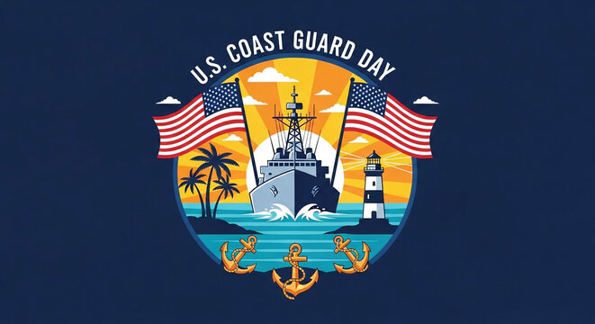 Celebrating u s coast guard day with a patriotic emblem featuring a ship lighthouse american flags palm trees and anchors