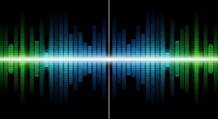Abstract Digital Sound Wave Displaying Blue And Green Spectrum Bars on Black Background