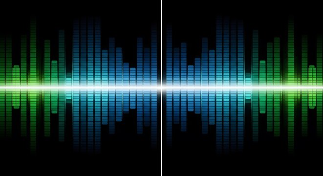 Abstract Digital Sound Wave Displaying Blue And Green Spectrum Bars on Black Background
