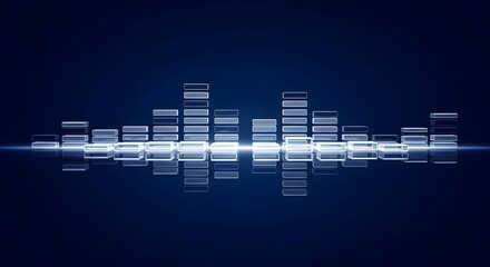 Abstract sound wave visualization displaying a spectrum of light and dark blue colors against a dark blue background. It features a symmetrical geometric pattern evoking audio frequencies.