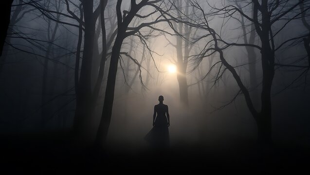Silhouette of person standing in a foggy forest with bare trees and bright light shining through the fog