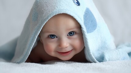 The joyful baby peeking from under a soft blue towel.