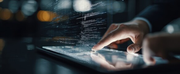 The hand interacting with a futuristic touchscreen laptop display showcasing data analytics.