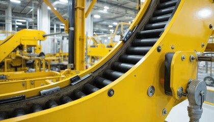 Yellow conveyor belt system in industrial factory setting. Curved design transports green object. Black, gray bands, industrial machinery, complex environment. White ceiling, production line,