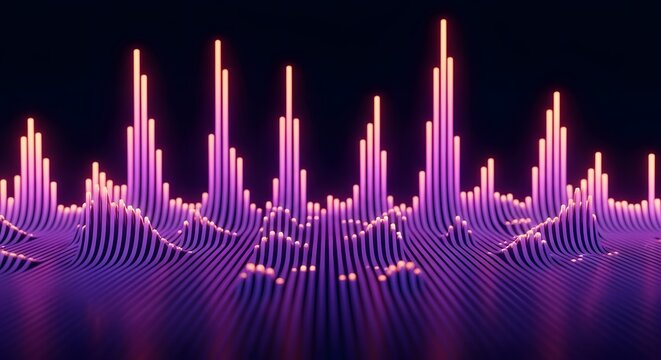 Abstract digital audio wave visualization. Pink and orange neon lines rise and fall creating a futuristic visual against a dark background. Light reflects on the curved lines of a sound wave. - Powered by Adobe