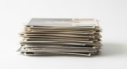 A stack of old photographs, arranged on a plain white surface.