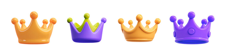 Sticker pack with 3d crowns of different colors, clipart icon crowns set