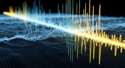 Abstract digital sound wave visualization featuring a dynamic spectrum in shades of blue and yellow against a dark background. Displaying the essence of audio frequency and data representation.